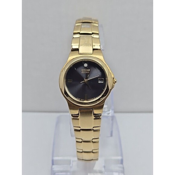 Citizen Eco Drive Solar Women Goldtone Black Dial Date Diamond Accent Watch 26mm - Picture 1 of 12